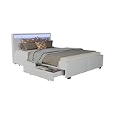 Juskys Polsterbett Lyon 140x200 cm mit Bettkasten, LED Beleuchtung, Lattenrost & Kunstleder, weiß, Bett Bettgestell Einzelbett Jugendb