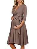KOJOOIN Damen Umstandskleid Schwangerschafts Kleid für Schwangere Stillkleid V-Ausschnitt Langarm mit Taillengürtel Khaki L