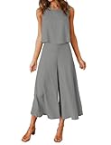 FANCYINN Damen Jumpsuit Sommer Overall Elegant Festlich Hochzeit Lang Hosenanzug Ärmelloses Rundhals Tanktop Gekürzte Weites Bein Hose Playsuit Grau M
