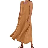 Ydsxlp Leinenkleider Damen Oversized Summer Ärmellos Trägerkleid Casual V-Ausschnitt Lange Baumwolle Leinen Kleid Elegant Einfarbig Tankk Blusenkleid Locker Strandkleider mit Taschen(A-Khaki,XL)