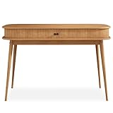 IDIMEX Schreibtisch JARI mit aufschiebbaren Fronten in Lamellenoptik, eichefarben - moderner Home Office Tisch aus Massivholz mit konischen Füßen, PC Tisch aus langlebigem M