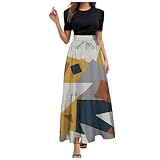 Sommerkleid Damen Mode Blumendruck Kleider Elegante Hohe Taille Lace up Kleid Festival Party Ballkleid Rundhals Kurzarm Lang Abendkleider Freizeit Maxikleid Sommerkleider Damen Leicht Und Luftig