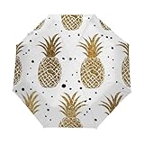 Automatischer faltbarer Regenschirm, goldfarben, glitzernd, Ananas, schwarz und weiß, gepunktet, Ananas, automatisches Öffnen, kompakt, tragbar, winddicht, Reise-Regenschirm für Damen, Herren,