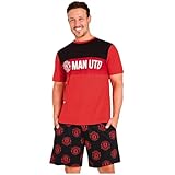 Manchester United Schlafanzug Herren Kurz, Pyjama Set T-Shirt & Schlafshorts - Fußball Geschenke Männer(Schwarz/Rot AOP, L)