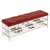 Elegante Samt gepolsterte Schuhbank mit Kissen, moderner weißer Metallrahmen, Eingangsbereich, platzsparende Möbel für Wohnzimmer und F