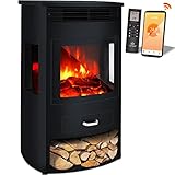 KESSER® Prio Elektrokamin mit Heizung Heizlüfter Fernbedienung WiFi App 950/1900 W Kamin elektrisch LED-Flammeneffekt Kaminfeuer mit Thermostat Panorama-Sichtfenster Heizfunktion T