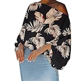 Generisch Frauen drucken Trompetenärmel Lange Ärmel Mode schulterfreie Top-Blusen Damen Outfit Sommer (Black, M)