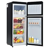 Merax Retro Kühlschrank Mini-Kühlschrank mit Gefrierfunktion, Zweitürig, 92L, 4-Sterne Gefrierfach, LED-Beleuchtung, 116 kWh/Jahr, Kompakt & Freistehend, 28L Gefriervolumen Schw