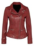 Aksah Fashion Damen-Motorradjacke aus echtem Leder – Bikerjacke mit Taschen, silberfarbene Beschläge und taillierte feminine Passform, Rote Lederjacke für Damen, XXL