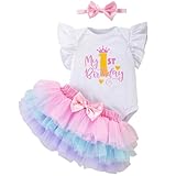 Winmany Baby Mädchen ersten Geburtstag Kleidung 3PCS Bogen Stirnband Mein 1. Geburtstag Strampler Tutu Rock Cake Smash Outfit Set für FotoShooting (Rosa Krone, 9-12M)