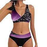 Topassion Badeanzug Damen Zweiteiliger Sexy Push Up Bikini Set V Ausschnitt Badeanzüge Sport Swimsuit Bauchweg Cross Back Twist Strandkleidung B