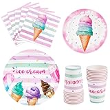 WERNNSAI Eiscreme Partyzubehör Set – Eis Partydekorationen für Mädchen Kindergeburtstage Sommerpartys Geschirrset enthält 64 Stück Partyteller Becher Servietten ice cream Party Supplies S