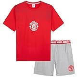 Manchester United Schlafanzug Jungen Kurz, Pyjama Set T-Shirt & Schlafshorts - Fußball Geschenke für Jungs(Rot/Grau, 9-10 Jahre)