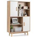 COSTWAY Bücherschrank mit 2 Türen und 4 offenen Regalen, Bücherregal Holz, Standregal, Holzregal, Aufbewahrungsregal für Wohnzimmer, Arbeitszimmer, Küche, 80 x 24 x 120 cm (Weiß)