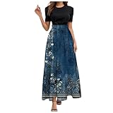 Generisch Sommerkleid Damen Mode Blumendruck Kleider Elegante Hohe Taille Lace up Kleid Festival Party Ballkleid Rundhals Kurzarm Abendkleider Lässiges Maxikleid Sommerkleider Damen Leicht Und Luftig