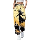 Jogginghose Damen Sommerhose Halloween Lang Yoga Hosen Fledermaus Atmungsaktiv Freizeithose Baggy Sporthose Totenkopf Fitness Wandern Laufen Lockere Passform Jogger Hexe Horror, Light Gelb, S