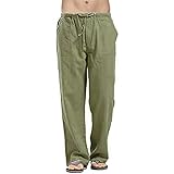 Herren-Leinenhose, Loungehose, hohe elastische Taille, Kordelzug, Hose mit großen Taschen, lockere Passform, atmungsaktiv, Strand, Urlaub, leicht, bequem, Haushose, Sommer, Freizeit, armee-grün, XL