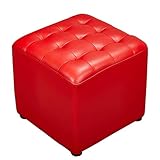 Roter, mit Leder gepolsterter Würfel-Pouf-Fußhocker mit Massivholzbasis, kleine -Pouf-Fußhocker mit Massivholzbasis, kleine Bank für das Wohnzimmer, quadratischer Couchtisch, 40 x 40 x 35
