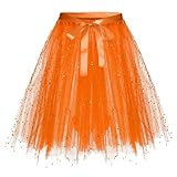 Tüllrock Damen Glitzer - Tütü Rock 50er Karneval Kurz Tutu Pailletten Tüll Rock Jahre Retro Elastisch Ballet Tanzrock Rockabilly Petticoat Unterrock Gelegenheit Zubehör Tanzkleid (01 Orange, C)