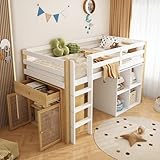 Etagenbett 90 x 200 cm, Hochbett mit Kleiderschrank und Schublade, Kinder Bett Stauraumbett mit 4 offene Fächer Schrank, Funktionsbett Stockbett Kinderhochbett Jugendhochbett, Massivholz, Natur+Weiß