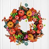 Bullpiano Herbstkranz, 45/50 cm Thanksgiving-Kränze für Haustür, Herbsternte-Kranz mit Blättern, Blumen, Kürbissen und Beeren, Thanksgiving-Dekorationen, Herbstdekorationen (C), (hanqi 15210)