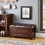 MESCXTY Premium-Lederbank mit Stauraum, Vintage-Ottomane aus Massivholz mit Schublade, Holzpolsterung für Eingangsbereich, Wohnzimmer, Schlafzimmer (41,9 cm T x 34,8 cm B x 38,1 cm H, Braun)