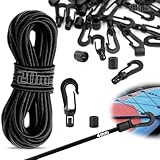 SWTYExt 20m Gummiseil 4mm Expanderseil mit 50 Stück Kunststoffhaken Schwarz Gummischnur Gummikordel Gummibänder mit Haken für Anhängerplane Camping Planen Poolabdeckung Wäscheleinen Fahrrad Transp