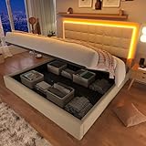 Merax Polsterbett 140x200cm mit LED-Beleuchtung, Hydraulisches Funktionsbett mit Stauraum, Doppelbett Bettgestell mit Lattenrost und Kopfteil, Stauraumbett, Bezug aus Kunstleder, Weiß, ohne M
