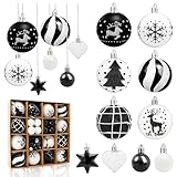 Aitsite 38 Stück Christbaumkugeln Schwarz Weiß, 6CM/3CM Weihnachtskugeln Kunststoff mit Aufhängen Bruchsicher Ornamente Weihnachtsbaum Kugeln Weihnachtsbaumschmuck für Weihnachtsdeko I