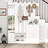 MOBETTRES 135 * 25 * 180cm Garderoben-Set mit Spiegel, Flurschrank, Hängeschrankregal, Kompaktgarderobe, Mit 2 Aufbewahrungsschränke, Geeignet für Türöffnungen, Flure,Weiß