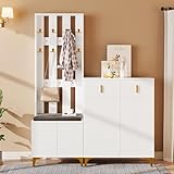 Ymkua Garderobenset mit Schuhbank und Kissen, Garderoben Set mit Haken, Schubladen und Türen, Flurgarderoben Sitzbank, Kompaktgarderobe, Wandgarderobe für Eingangsbereich (Weiß)
