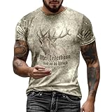 Trachten T-Shirt Herren Kurzarm Oktoberfest Trachtenshirt Vintage Hirsch Tshirt Oberteil Rundhals Casual Tshirts Männer Bayrische Jäger Kurzarmshirts Baumwolle F