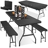 KESSER® Bierzeltgarnitur 3-teilig Set Tisch & 2x Bank | Buffettisch für drinnen & draußen Gartengarnitur klappbar 183x76x74cm Kunststoff Klapptisch Rattan-Look Gartentisch Inkl Abdeckung & Trageg