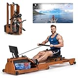 Wenoker Rudergerät Wasser für Zuhause aus Massivholz, Rudergerät klappbar mit Bluetooth Display, Hochwertige Holzkonstruktion, Doppel-Slide-Rails, Max 150kg Belastb