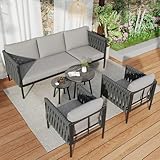 Merax Gartenmöbel Set, Loungemöbel mit Sofa, 3-Sitzer-Sofa, 2 Sesseln & 2 Couchtischen, Balkonmöbel mit Glastisch, Bequeme Kissen, Verzinkter Stahlrahmen, Für Garten, Terrasse & Balkon, G