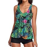 Chanpning Tankini Damen Bauchweg Bademode Set Damen Freizeit Tankini Badeanzug Zweiteiler Tankinis Set Sommer Elegant Badeanzüge für Damen Tankini Oberteil mit B