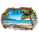 WandSticker4U®- 3D Wandtattoo BLICK AUFS MEER I Wandbild: 90x60 cm I Wandsticker Strand Palme Insel Poster I Wand Durchbruch Deko für Wohnzimmer Schlafzimmer Küche Flur Bad Aufkleb