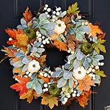 45cm Künstliche Kürbisse Kranz,Künstlicher Herbst Kranz Ahornblatt Kranz mit Haustür Dekoration Kranz mit Ahornblätter Kürbis Bunte Beeren für Halloween Thanksgiving Weihnachten Wandschmuck (Orange-4)