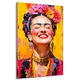 Kunstgestalten24 | Frida Kahlo Lacht Abstrakt Modern Leinwand-Bild | mit Echtholz-Keilrahmen | Leinwandbild Wandbild Kunst Art | Hochwertige Kunstdrucke | 40x60cm, 2cm R