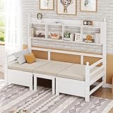 BXEYXE Multifunktionales Massivholz Schlafsofa 200x90 cm, 2-in-1 Bett und Schreibtisch, Frei Umbaubar, Mit Bücherregal Zur Aufbewahrung, Mit Bequemen Kissen, Gästebett Einzelholzbett, Weiß